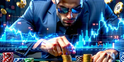 Hình ảnh minh họa chiến lược thắng cược 888slot, với các biểu đồ phân tích, biểu tượng tiền xu vàng và người chơi đang tập trung tính toán.
