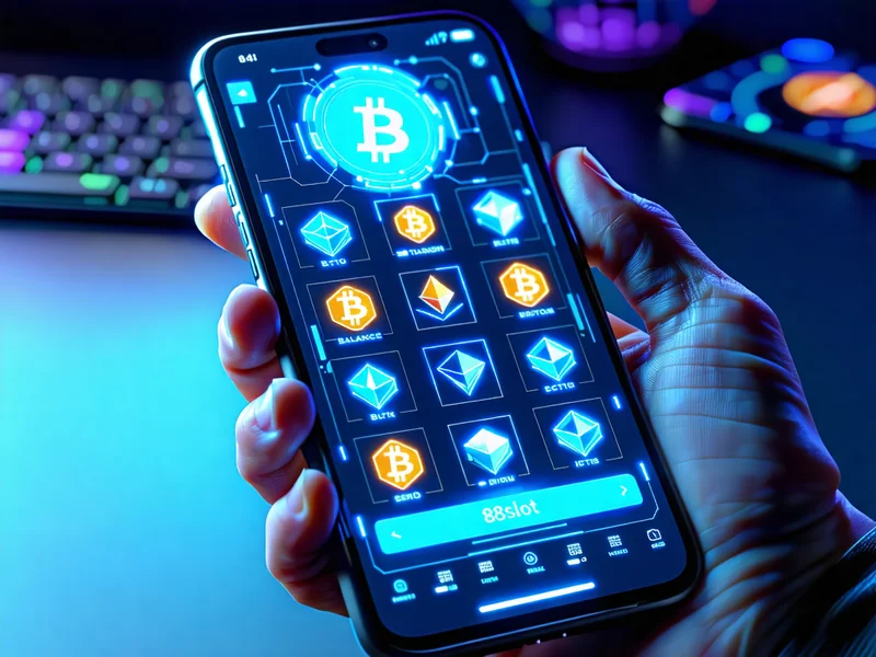 Màn hình điện thoại thông minh hiển thị các biểu tượng tiền điện tử như Bitcoin, Ethereum và một giao diện ví tiền điện tử, với logo 888slot ở nền, tượng trưng cho sự đổi mới trong thanh toán.