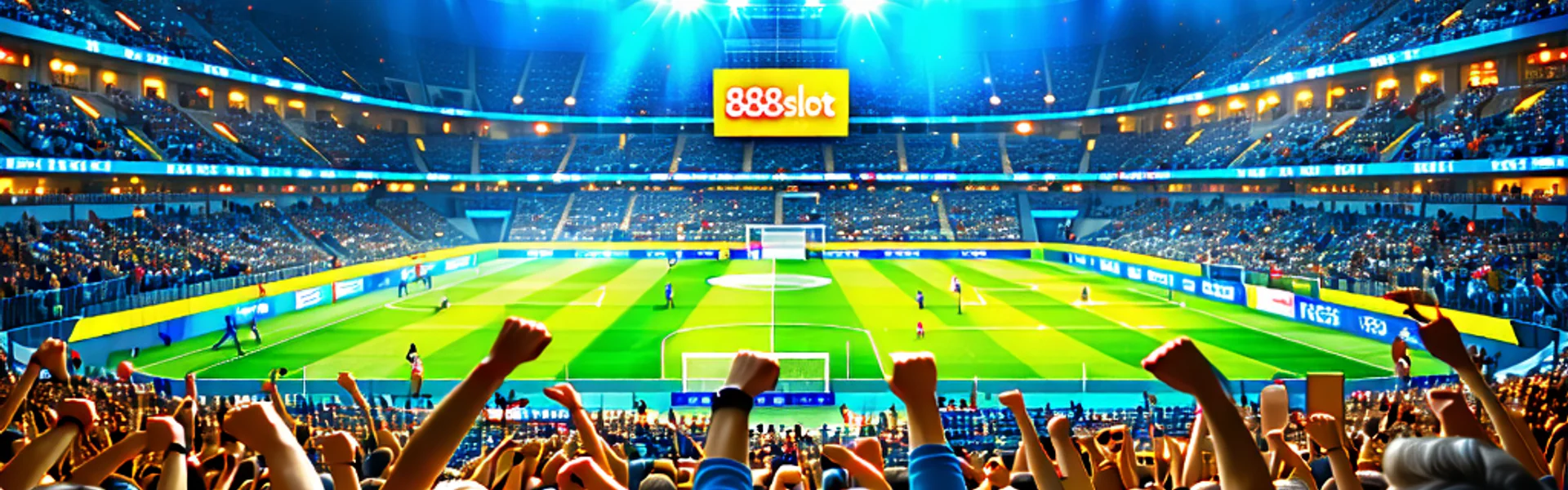 Hình ảnh sân vận động sôi động với người hâm mộ và logo 888slot, khuyến khích hành động.