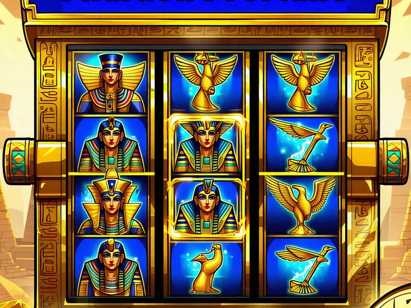 Ảnh chụp màn hình trò chơi slot 'Pharaoh's Fortune' với biểu tượng Ai Cập cổ đại và các tính năng thưởng
