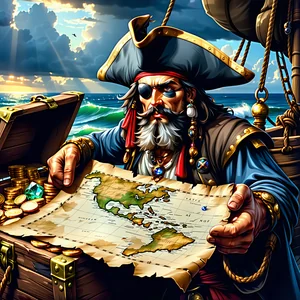 Hình ảnh thu nhỏ của trò chơi slot 'Pirate's Treasure Hunt' với cướp biển, kho báu và bản đồ cổ