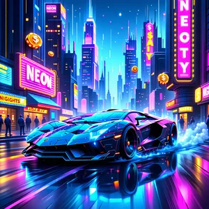 Hình ảnh thu nhỏ của trò chơi slot 'Neon City Nights' với đèn neon sáng rực, xe hơi thể thao và thành phố tương lai
