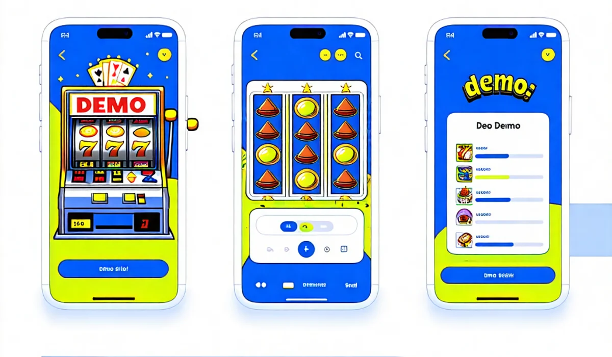 Hình ảnh minh họa các bước chơi thử slot miễn phí trên giao diện 888slot, với các nút bấm và màn hình game