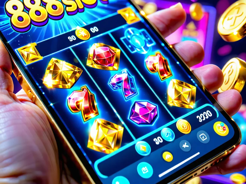 Giao diện người dùng của ứng dụng 888slot trên điện thoại thông minh, hiển thị các trò chơi slot với đồ họa sắc nét và nút điều khiển cảm ứng.