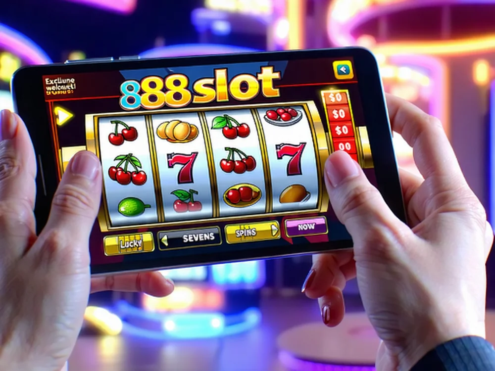 Hình ảnh người chơi đang sử dụng điện thoại để chơi máy đánh bạc 888slot, hiển thị ưu đãi trên màn hình
